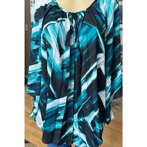 Alfani Women's Blue, Green, Black Long Scarf-like Sleeves Tunic Blouse size 10